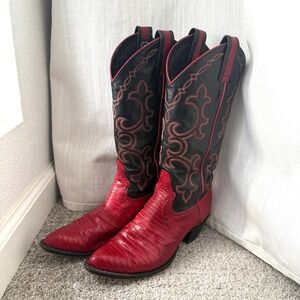 Vtg Larry Mahan Ruby‎ Red Lizard Skin Black Leather Western Cowboy Boots 6.5 USA